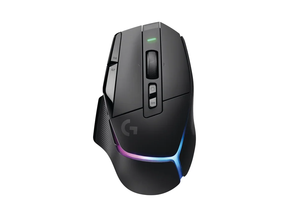 Souris sans fil Logitech G502 X PLUS noire avec bande RGB, vue de dessus sur fond transparent