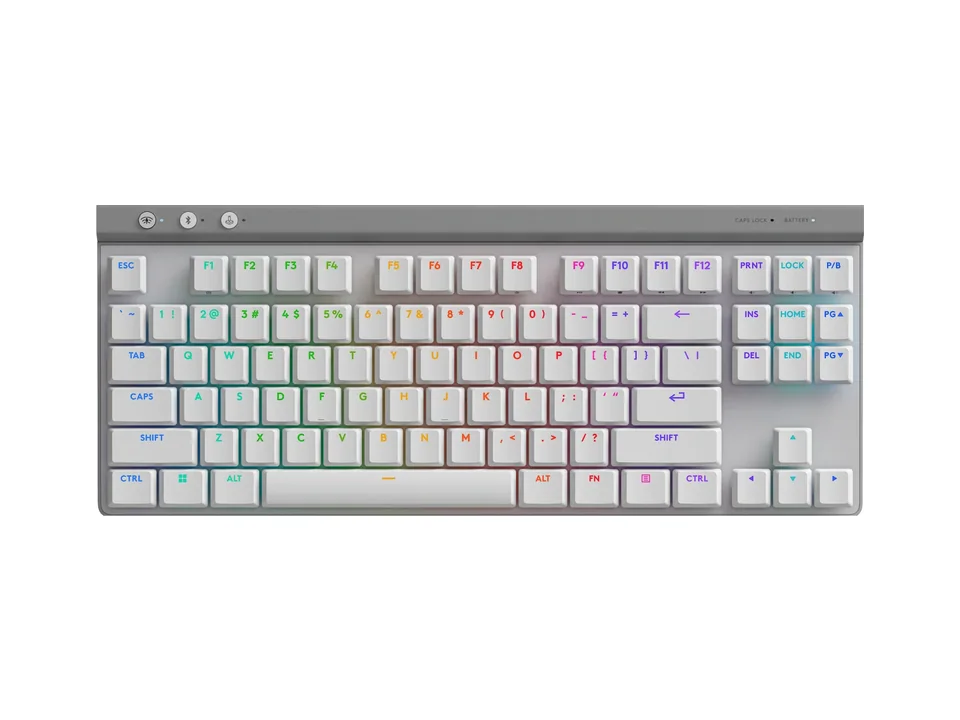 Teclado Logitech G515 LIGHTSPEED TKL en blanco con leyendas RGB, vista superior sobre fondo transparente