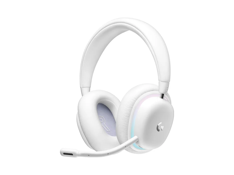 Casque sans fil Logitech G735 blanc avec coussinets lilas et micro perche, vu de trois quarts