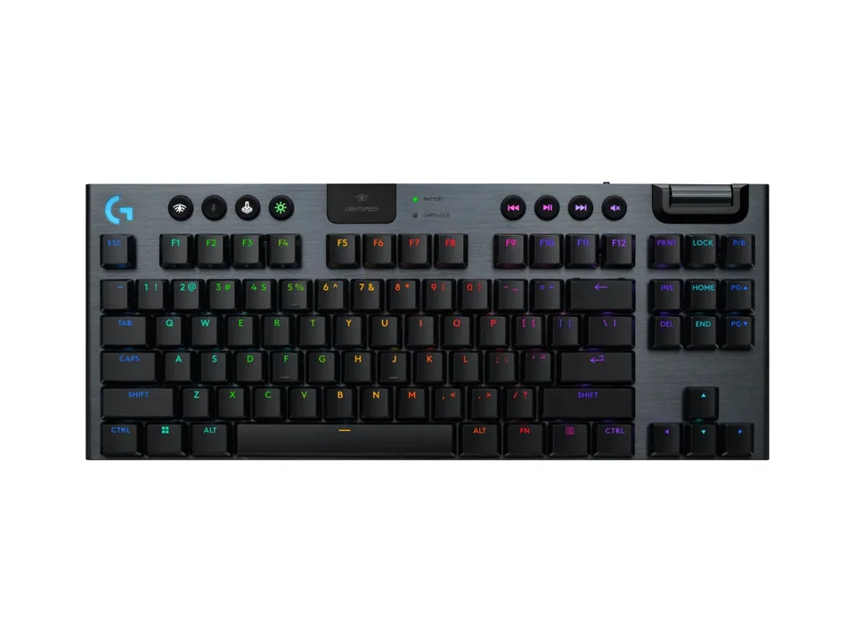 Logitech G915 X LIGHTSPEED TKL keyboard in black with RGB legends, top view on a transparent background