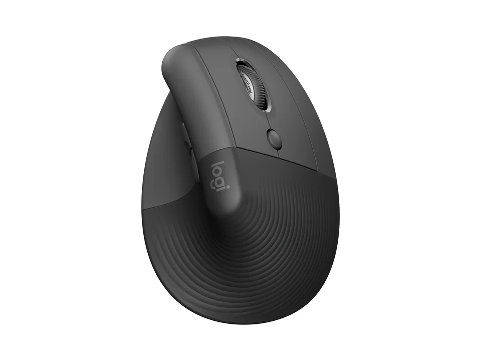 Ratón vertical Logitech Lift en grafito, vista superior en tres cuartos sobre fondo transparente