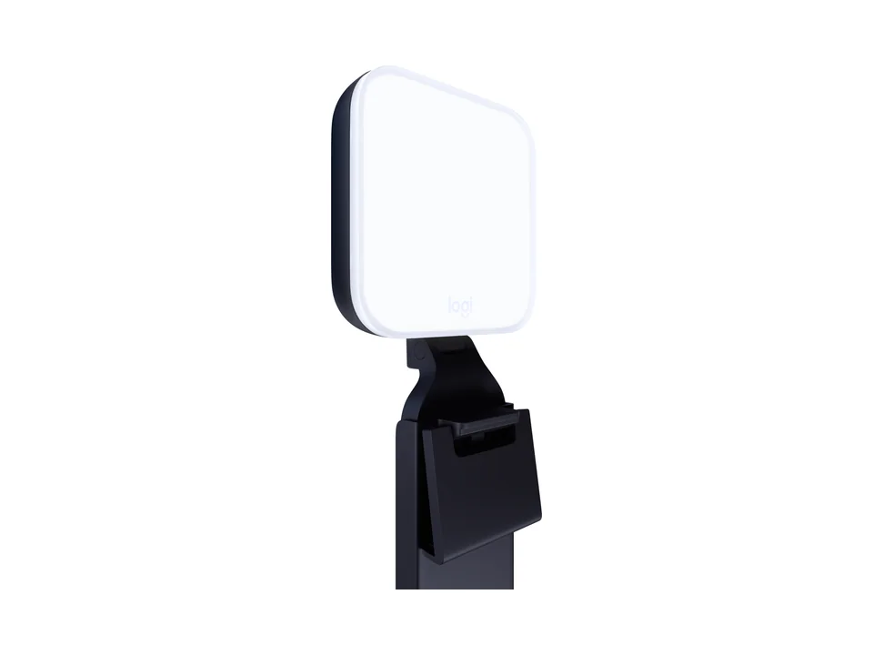 Streaming-Licht Logitech Litra Glow in Graphit mit weißem quadratischem Diffusor und Monitorhalterung, Dreiviertelansicht