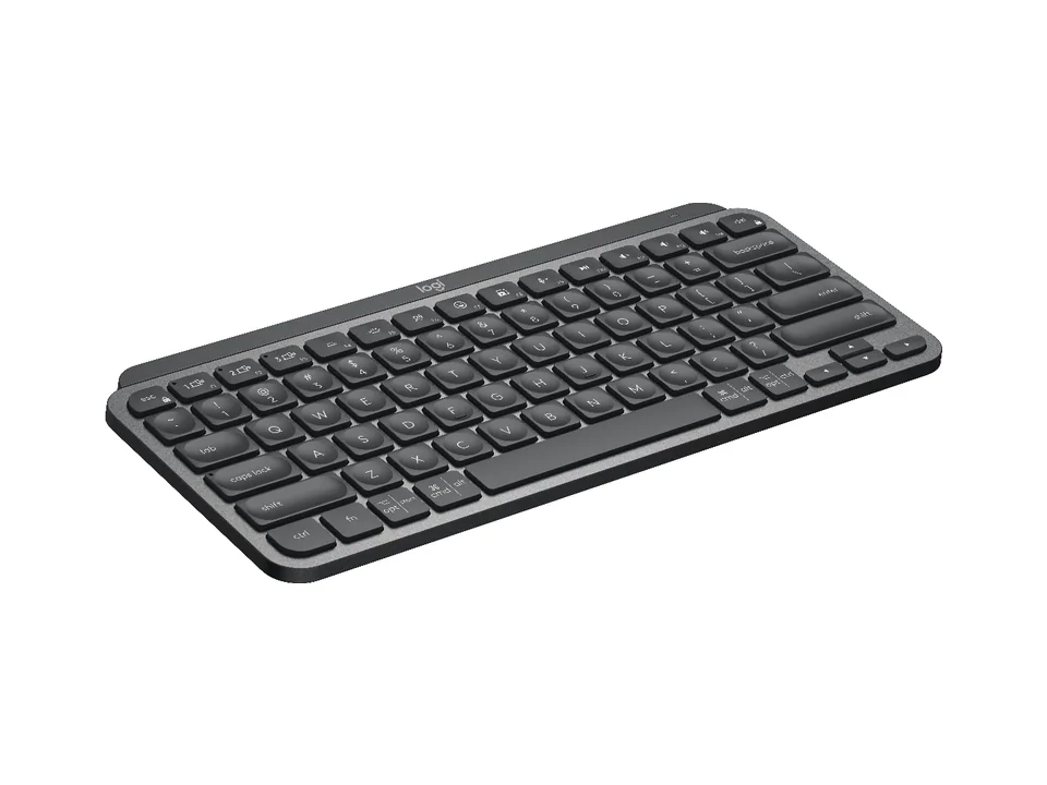 Teclado Logitech MX Keys Mini en grafito, vista en tres cuartos sobre fondo blanco