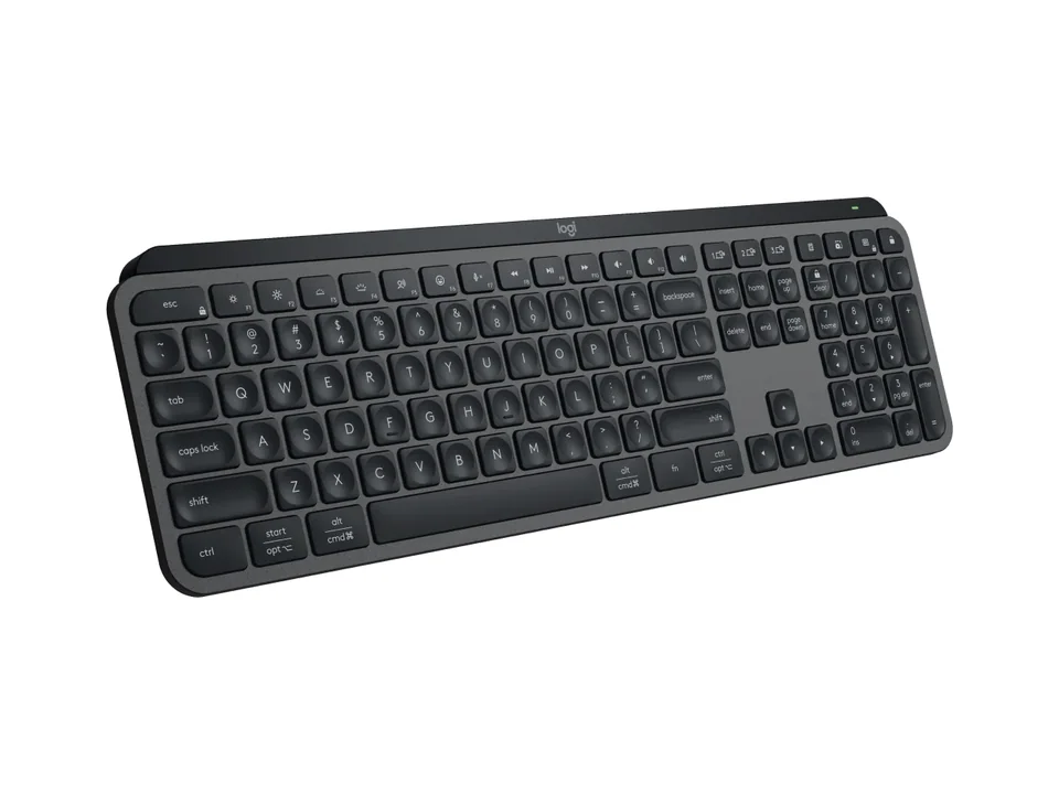 Logitech MX Keys S keyboard in graphite, three-quarter view