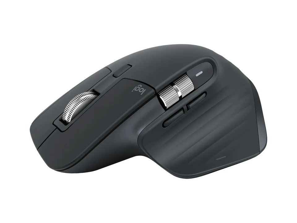 Logitech MX Master 3S mouse in graphite, three-quarter front view on a white background