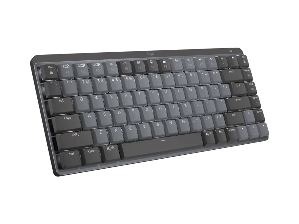 Logitech MX Mechanical Mini keyboard in graphite, three-quarter view on a white background