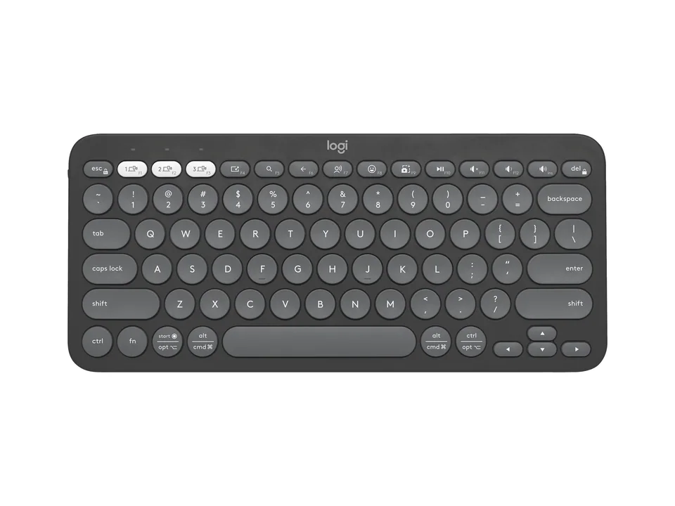 Logitech Pebble Keys 2 K380s keyboard in Tonal Graphite, top view on a transparent background
