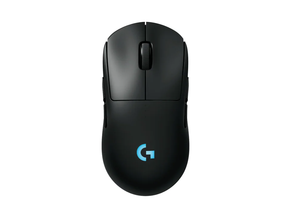 Logitech G PRO 2 LIGHTSPEED wireless gaming mouse in black with a blue G logo, top view on a white background