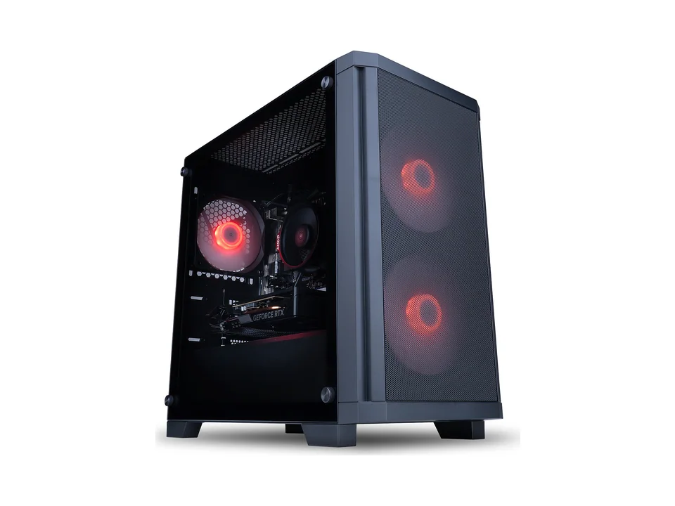 Materiel.net PC Gamer Blink black tower with glass side and red-lit fans, seen at an angle