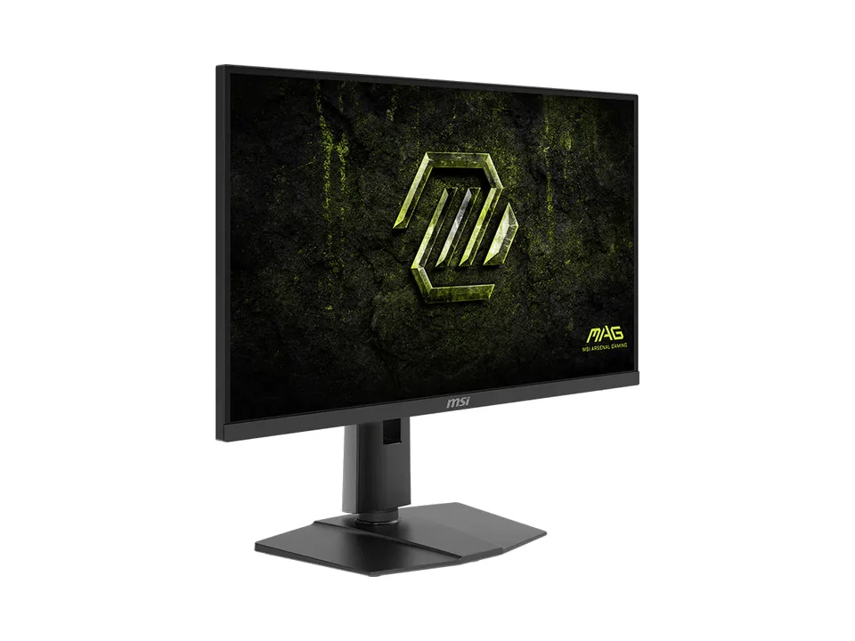 MSI MAG 274QPF X32 black 27-inch gaming monitor on its stand, seen at an angle