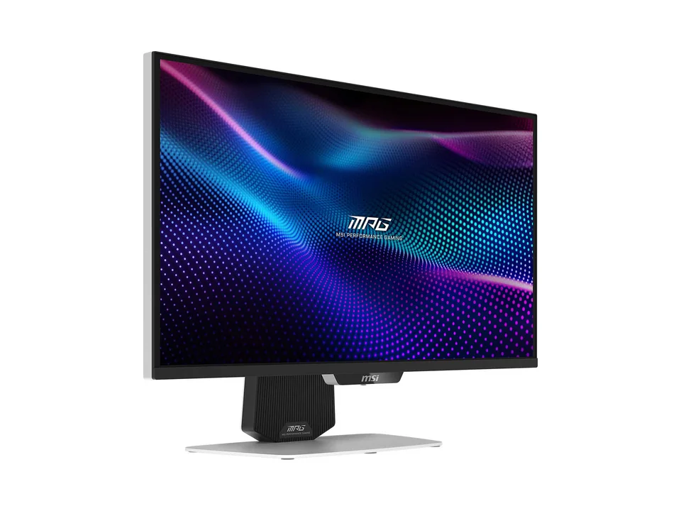 MSI MPG 274URDFW E16M monitor seen at an angle, black front bezel on a white stand base