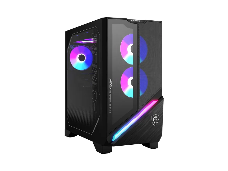 MSI MPG Infinite X3 AI black tower with RGB fans behind a glass panel and a lit front strip