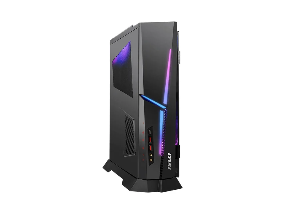 PC gaming negro pequeño MSI MPG Trident AS AI con lateral de cristal y tira de luz RGB, visto en ángulo