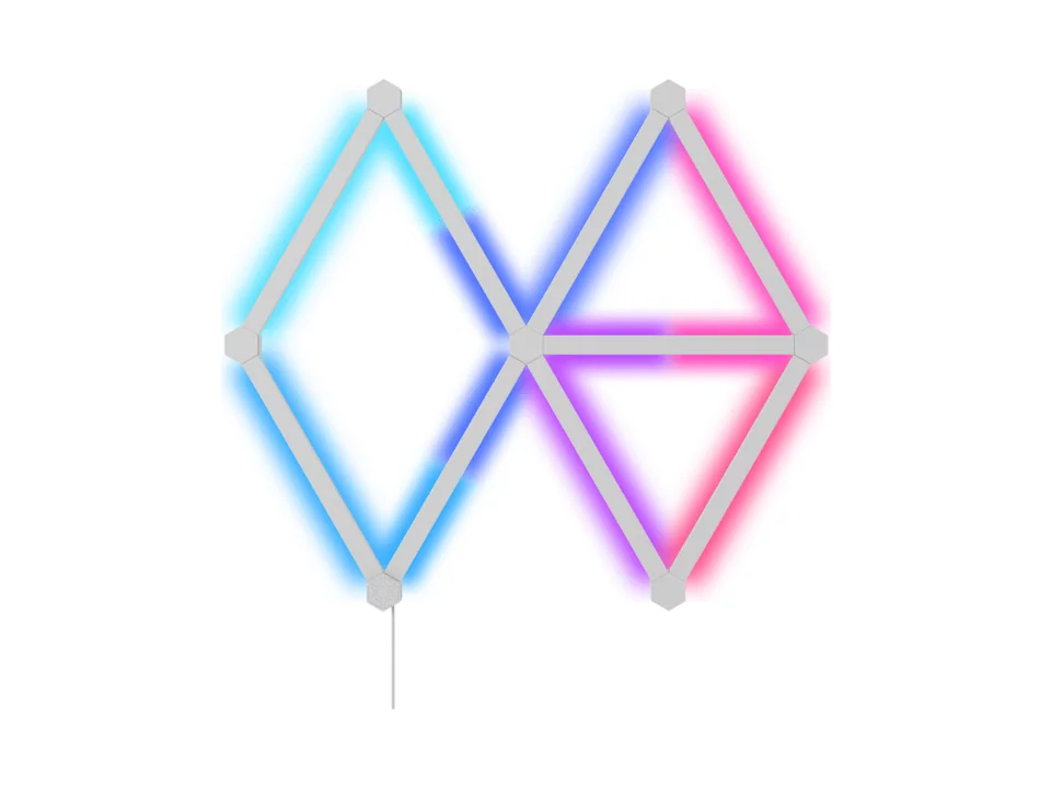 Nine white Nanoleaf Lines forming two diamonds, glowing blue, purple and pink, on a white background