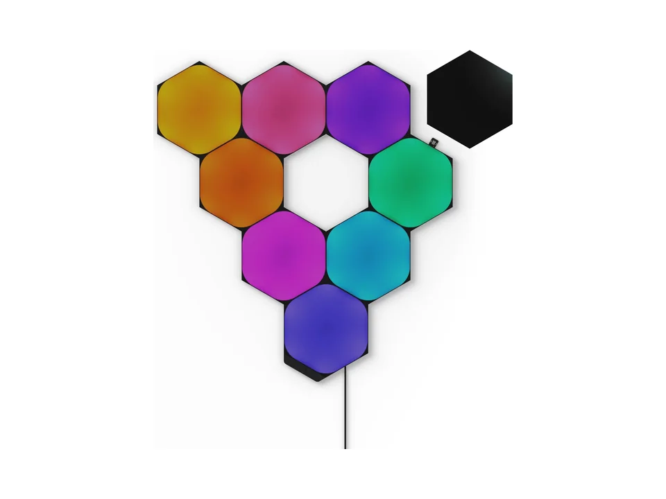 Nine black Nanoleaf Shapes hexagons arranged in a V, lit in orange, pink, purple, green and blue, with one unlit panel, on a white background