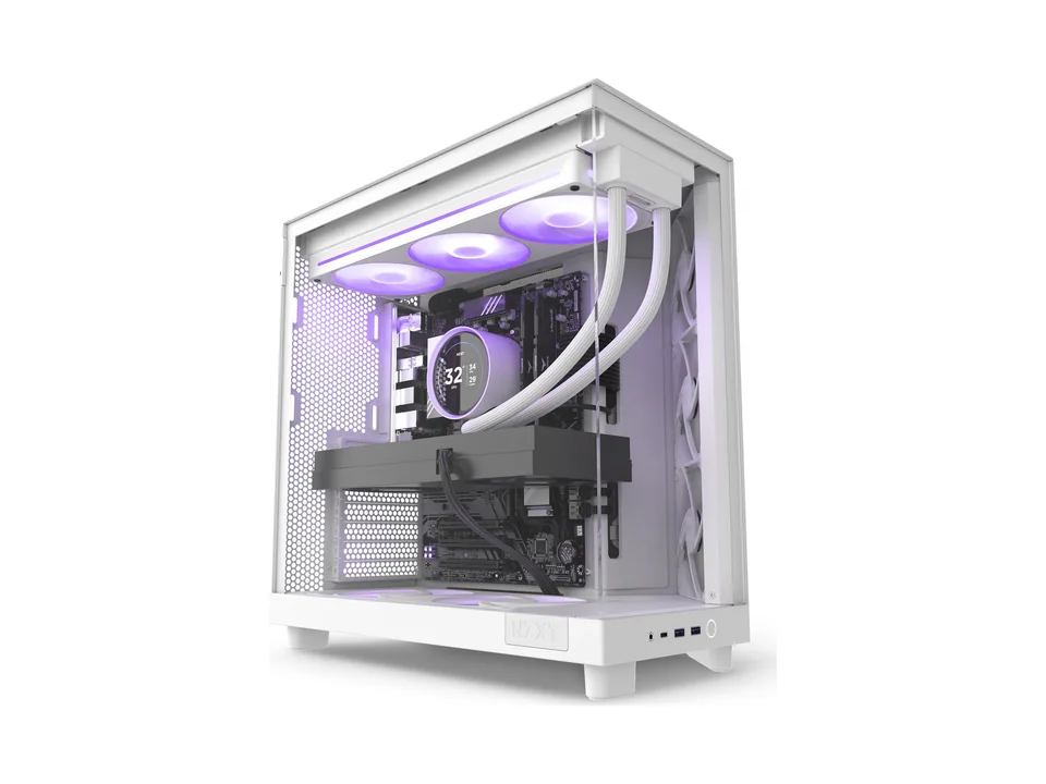 NZXT Player Three gaming PC in a white case with white liquid cooler and RGB fans