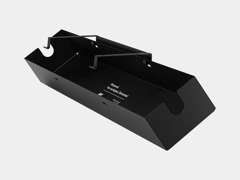 Black Oakywood steel cable tray with its hinged mounting bracket, three-quarter view on a light grey background