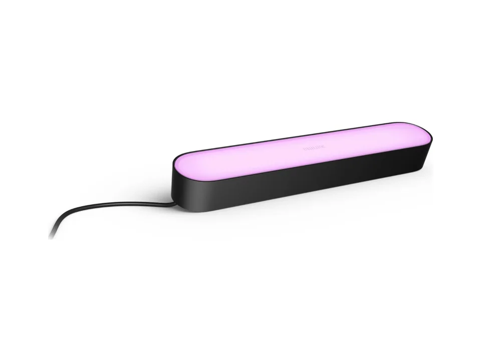 Black Philips Hue Play light bar lying flat with a purple glow, on a white background