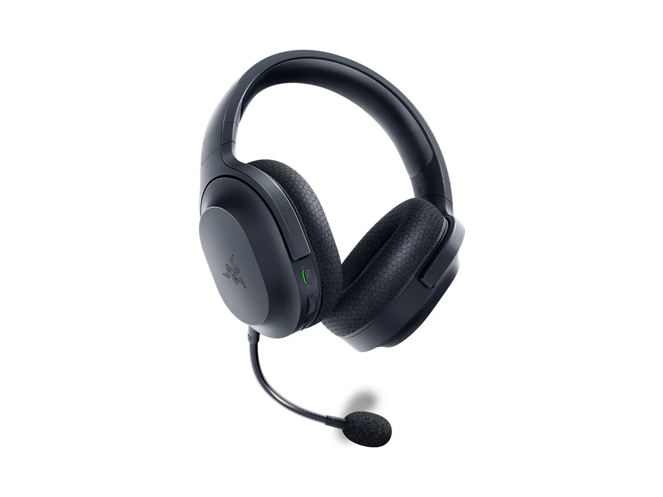 Black Razer Barracuda X wireless headset with its detachable boom mic, three-quarter view