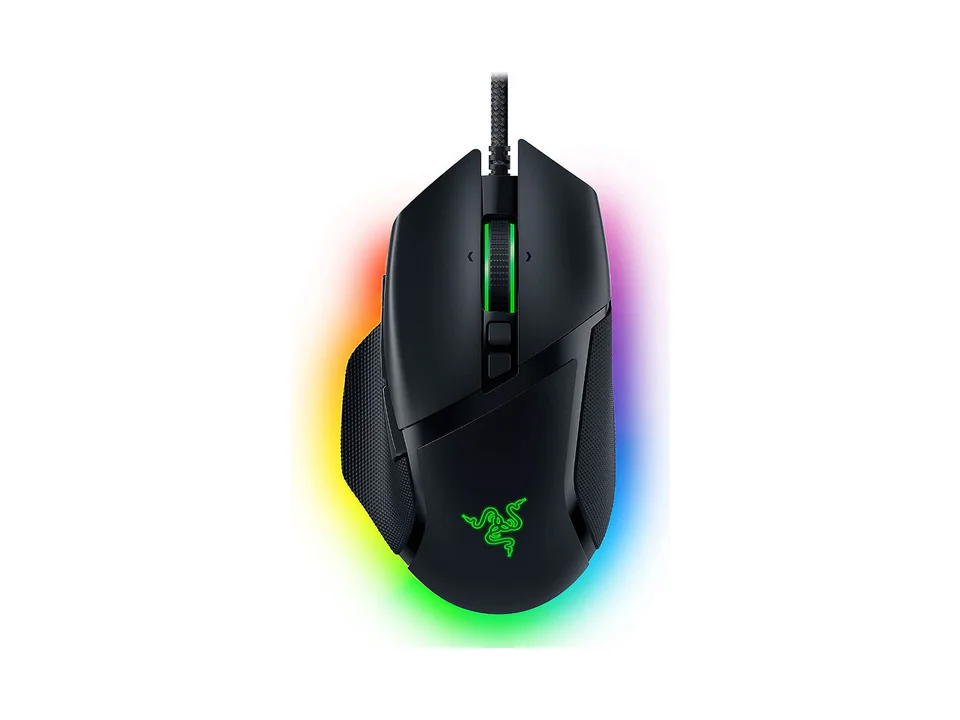 Ratón gaming Razer Basilisk V3 en negro con iluminación RGB en la base, vista superior sobre fondo blanco