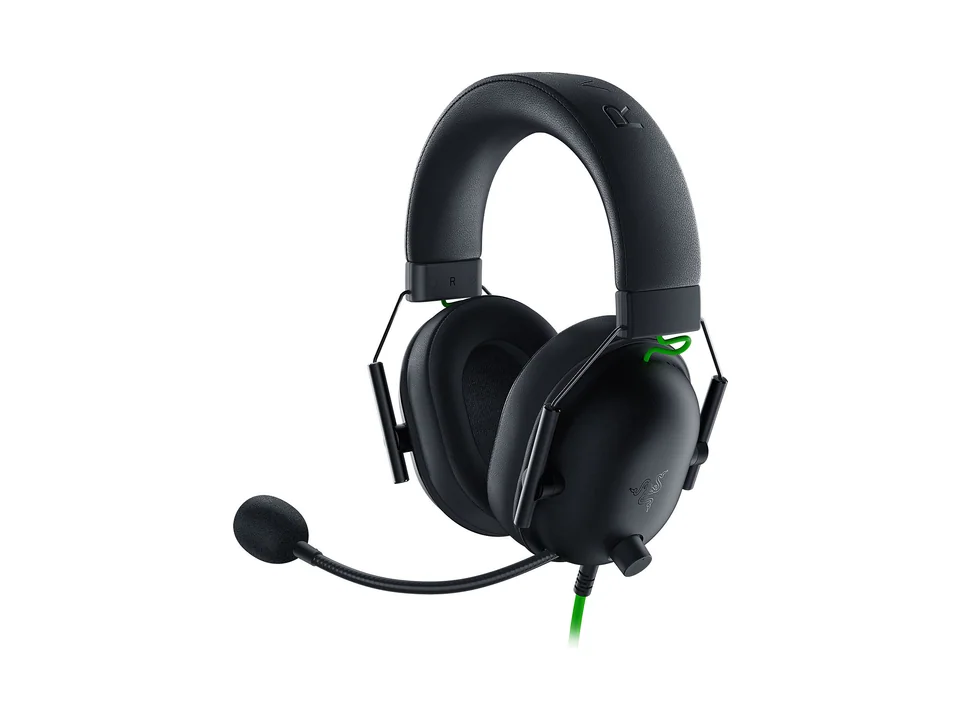 Black Razer BlackShark V2 X wired headset with its boom mic, front view