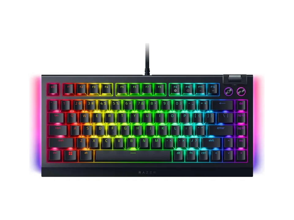 Razer BlackWidow V4 75% keyboard with rainbow RGB lighting, front view on a white background