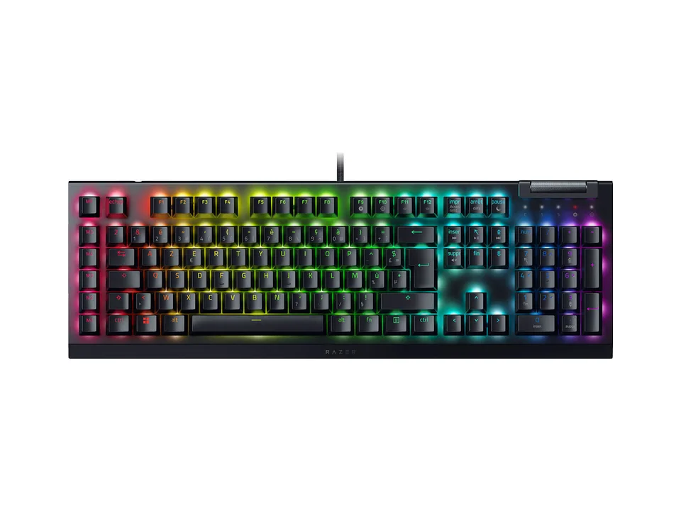 Razer BlackWidow V4 X full-size keyboard in black with RGB lighting and macro keys, top view on a white background