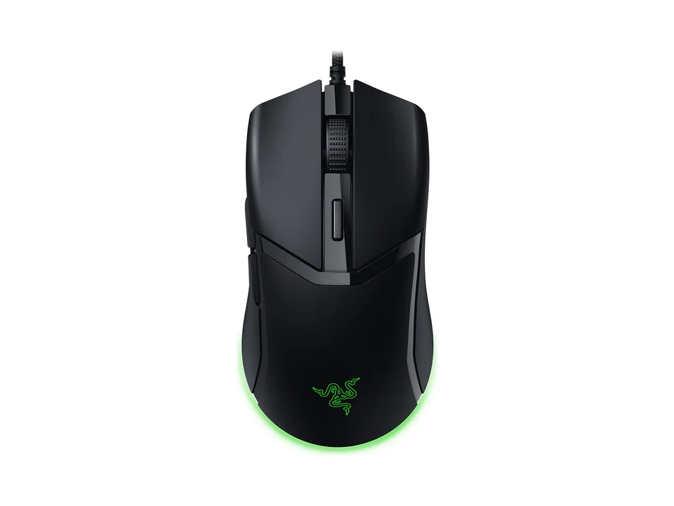Razer Cobra wired gaming mouse in black with green underglow, top view on a white background