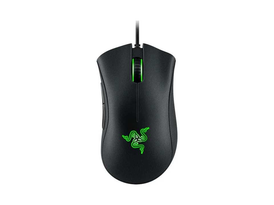 Ratón con cable Razer DeathAdder Essential en negro con logo Razer verde, vista superior sobre fondo blanco