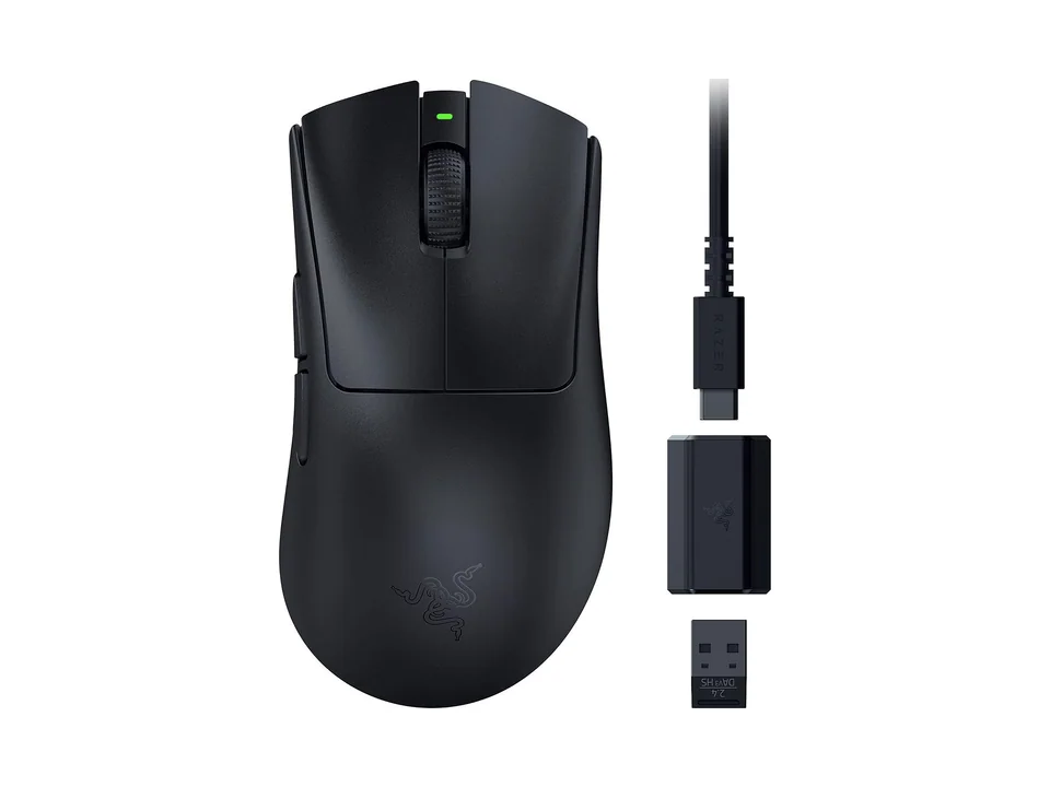 Ratón Razer DeathAdder V3 HyperSpeed en negro con su cable y su dongle inalámbrico, vista superior sobre fondo blanco