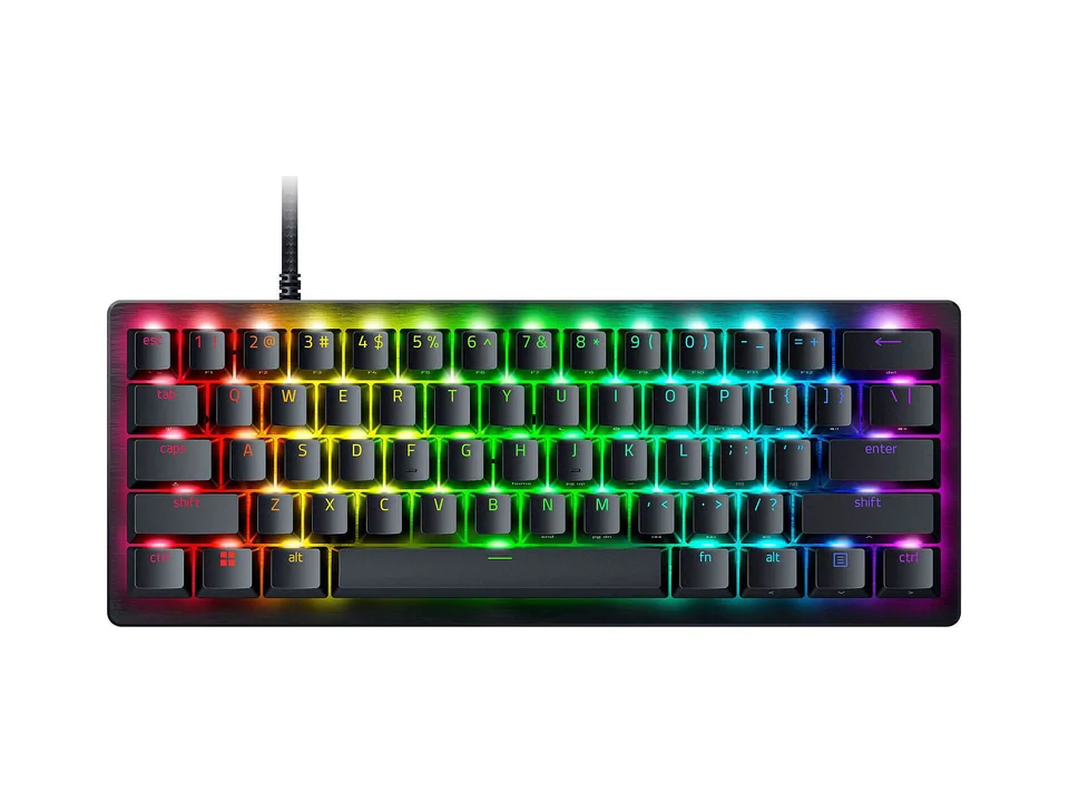 Razer Huntsman V3 Pro Mini 60% keyboard in black with RGB lighting, top view on a white background