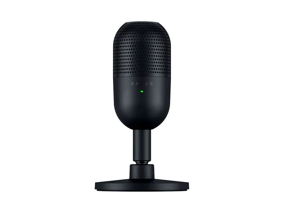 Black Razer Seiren V3 Mini USB microphone on its round stand, front view
