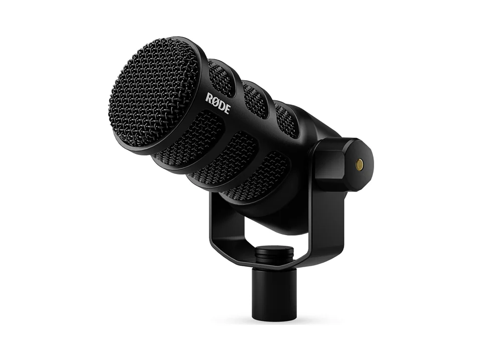 Black RØDE PodMic USB microphone on its swivel mount, three-quarter view