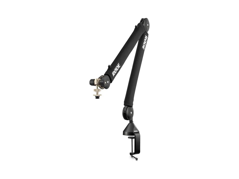 Black RØDE PSA1+ studio boom arm with its desk clamp, three-quarter view