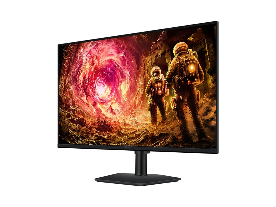 Samsung Odyssey G5 G50F 32-inch black monitor on its stand, seen at an angle