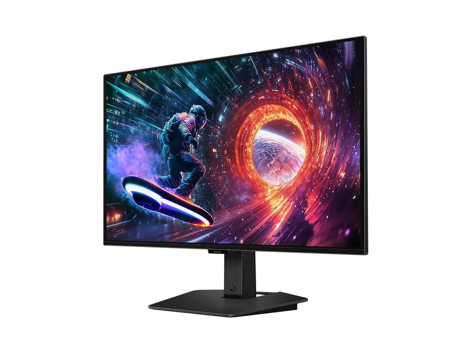 Samsung Odyssey OLED G5 G50SF black 27-inch monitor on its stand, seen at an angle