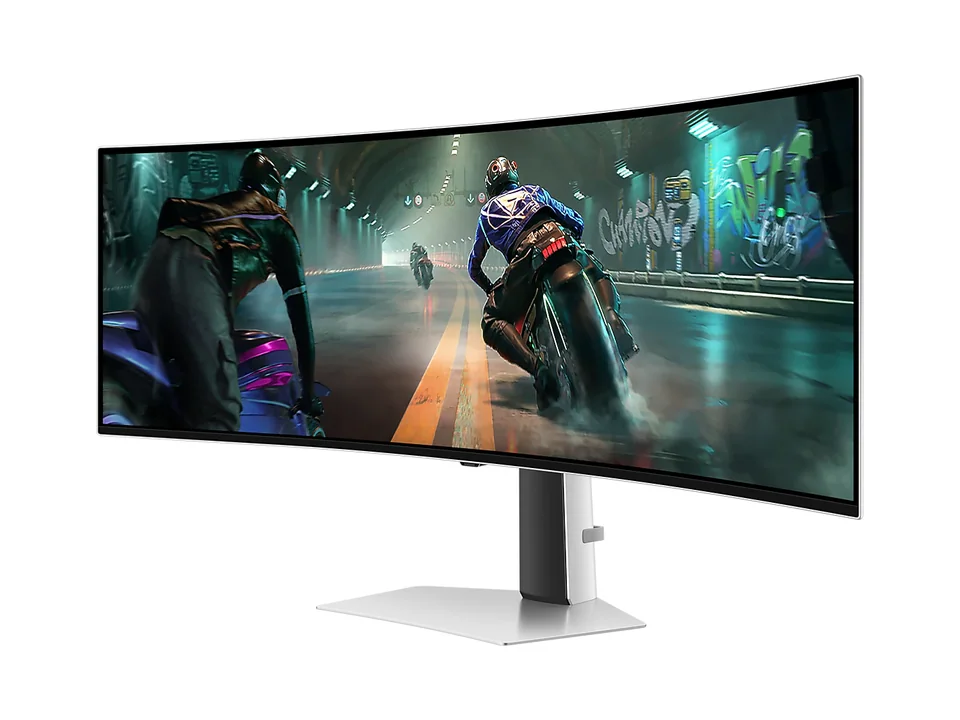 Samsung Odyssey OLED G9 G91SD 49-inch curved monitor on its silver stand, seen at an angle