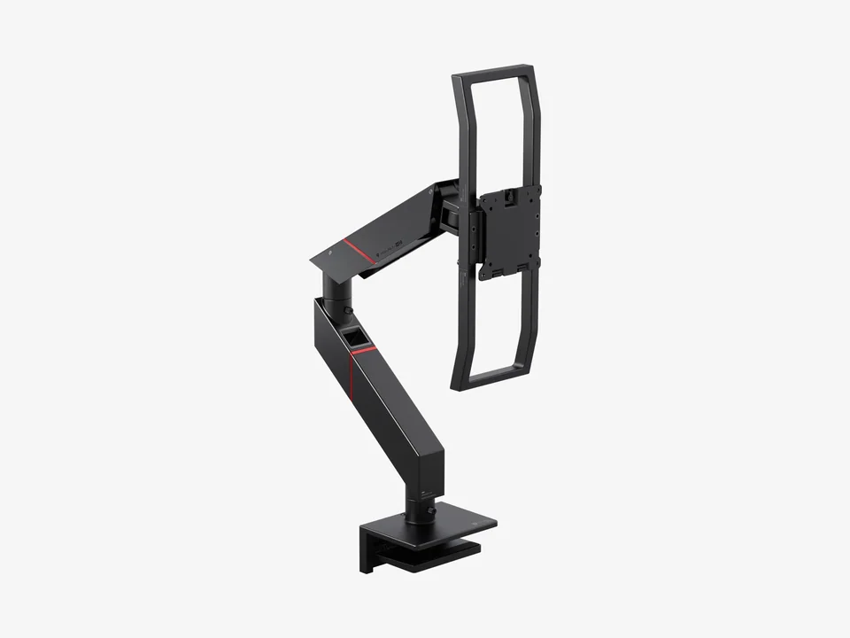 Black Secretlab MAGNUS heavy duty monitor arm with C-clamp and VESA handles, side view
