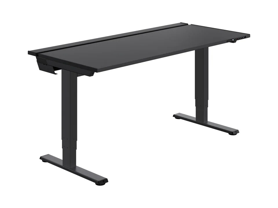 Black Secretlab MAGNUS Pro standing desk with a dark MAGPAD desk mat, front three-quarter view