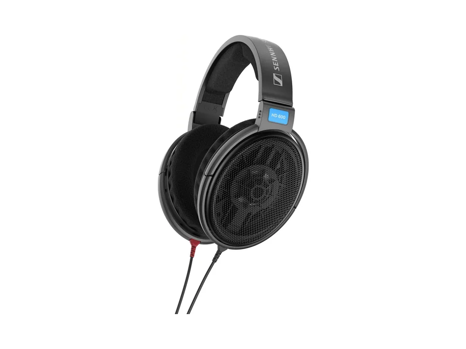 Sennheiser HD 600 open-back headphones in dark grey with their cable, three-quarter view