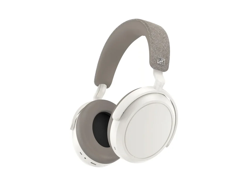 White Sennheiser MOMENTUM 4 Wireless noise cancelling headphones with a grey fabric headband