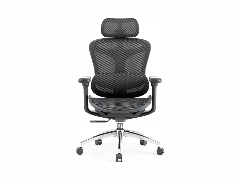 Black Sihoo Doro C300 mesh office chair with headrest and chrome base, front view