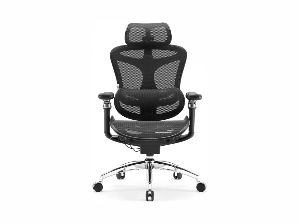 Black Sihoo Doro C300 Pro mesh office chair with headrest and chrome base, front view
