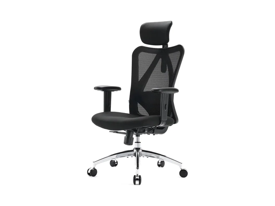 Black Sihoo M18 ergonomic office chair with mesh back, headrest and chrome base, three-quarter view