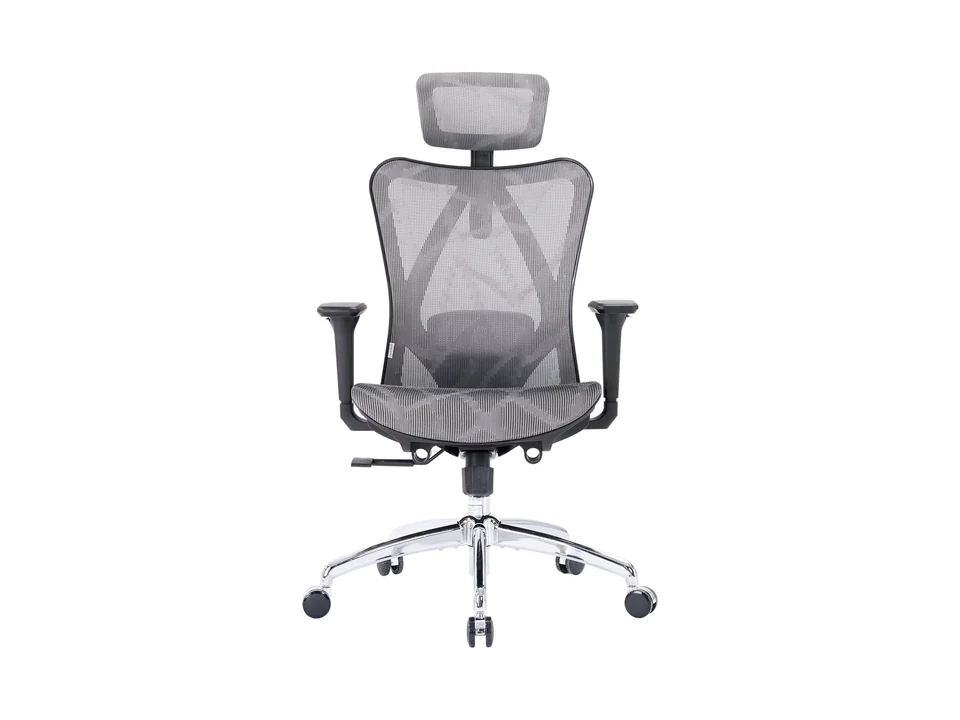 Gray Sihoo M57 mesh office chair with headrest and chrome base, front view