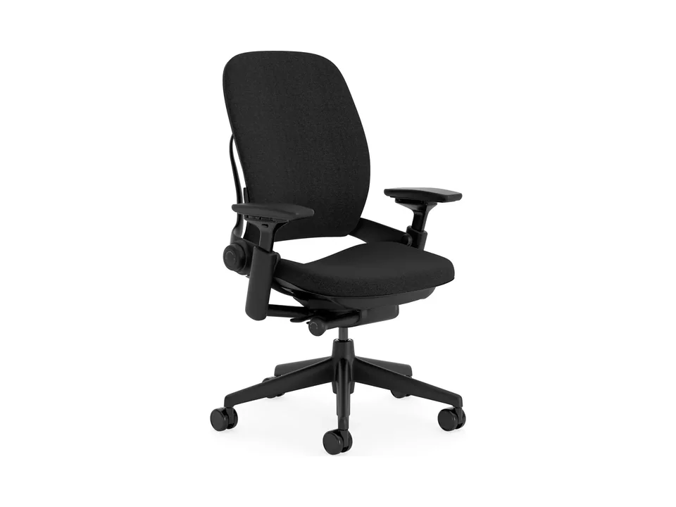 Black Steelcase Leap office chair in Era Onyx fabric with 4D armrests, front three-quarter view