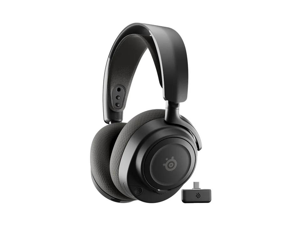 Black SteelSeries Arctis Nova 7 Wireless Gen 2 headset next to its USB-C dongle