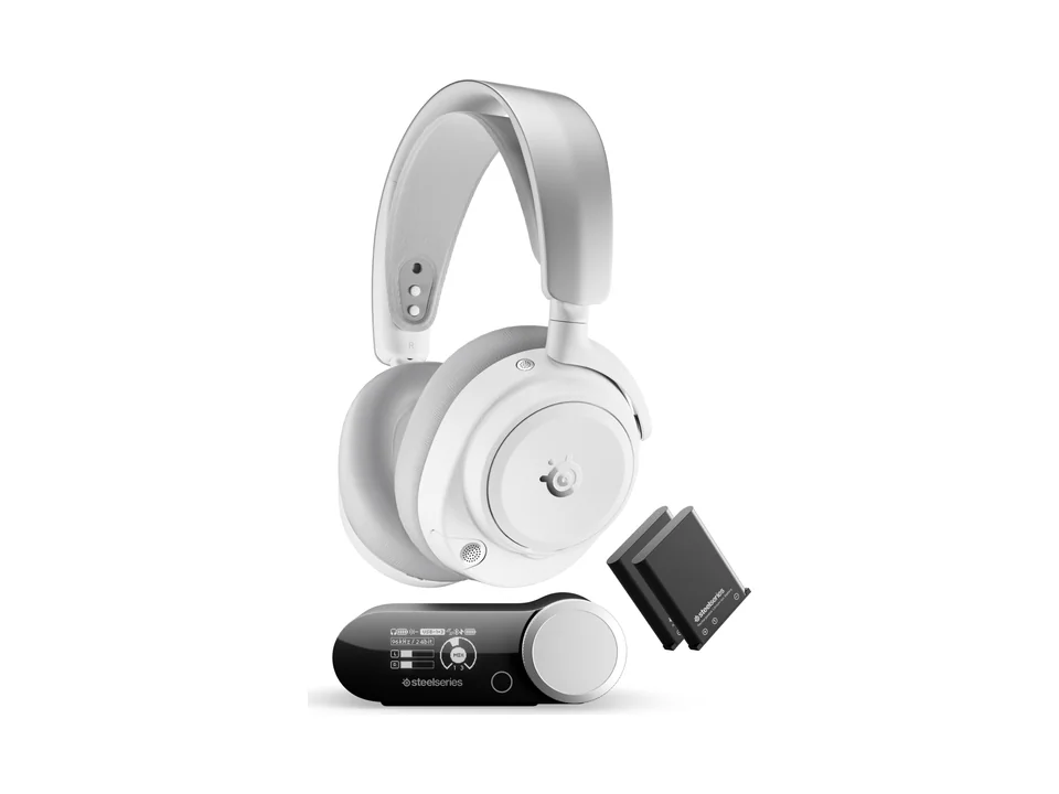 White SteelSeries Arctis Nova Pro Omni headset with its GameHub base station and spare battery