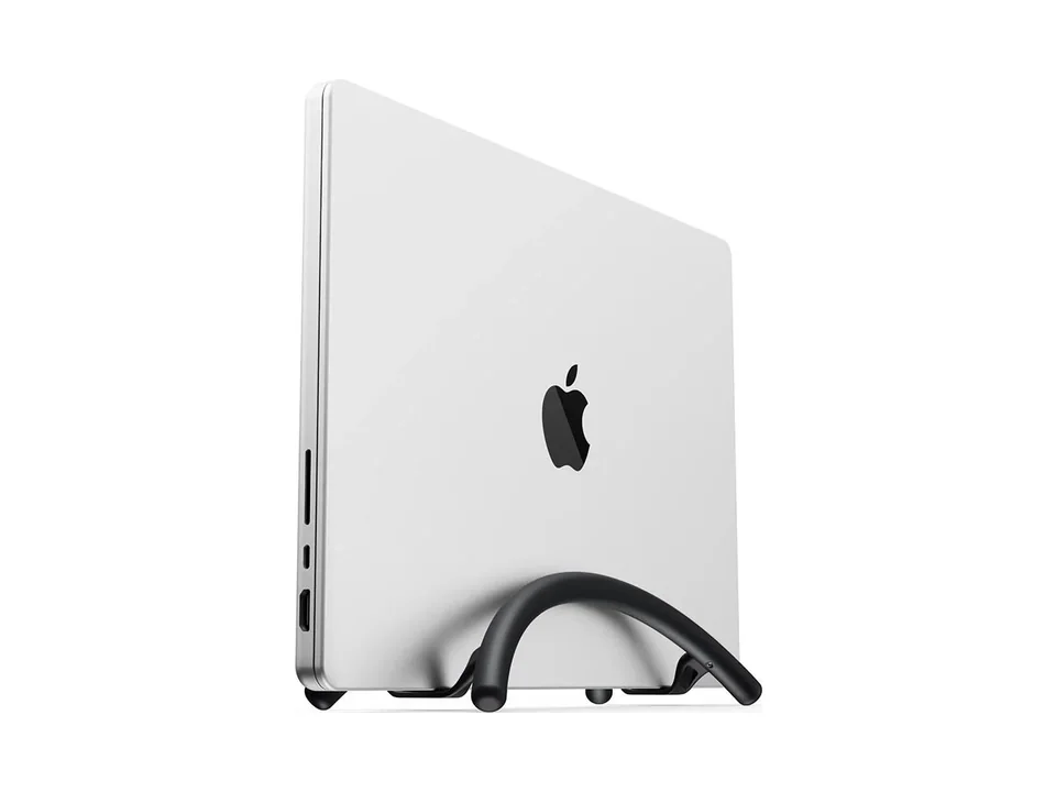 Black Twelve South BookArc Flex holding a silver MacBook upright, shown with a laptop that is not included, on a white background