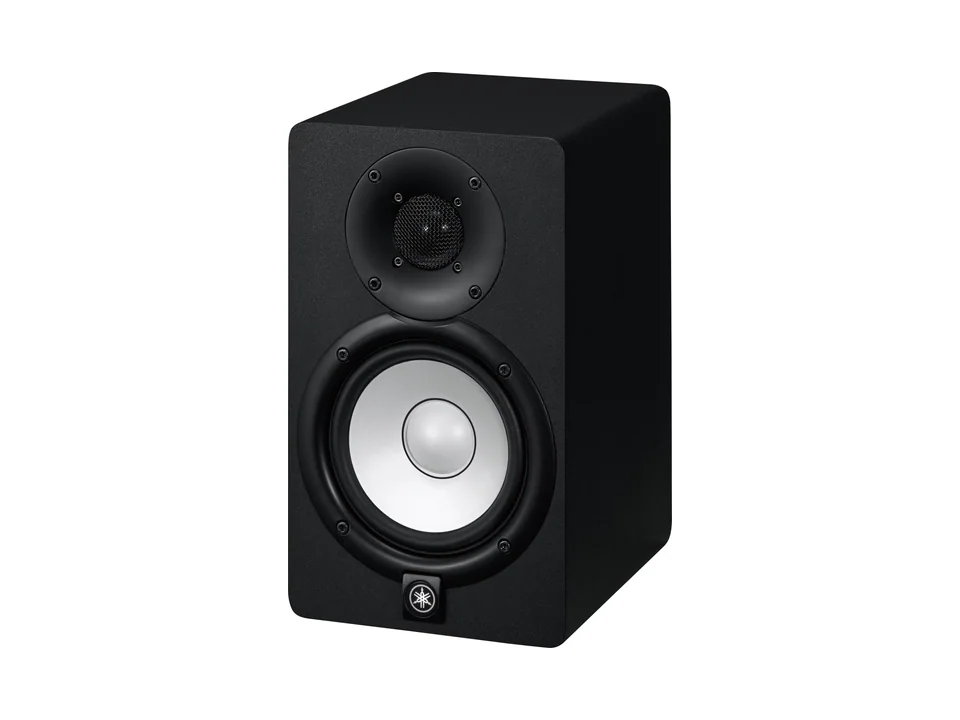 Black Yamaha HS5 studio monitor with white woofer cone, three-quarter view